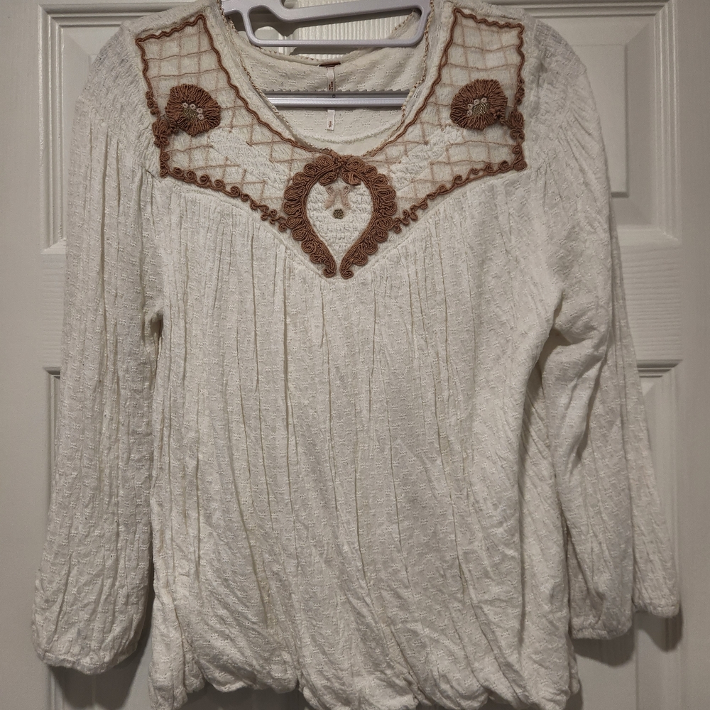 Free People White Blouse with Brown Accents